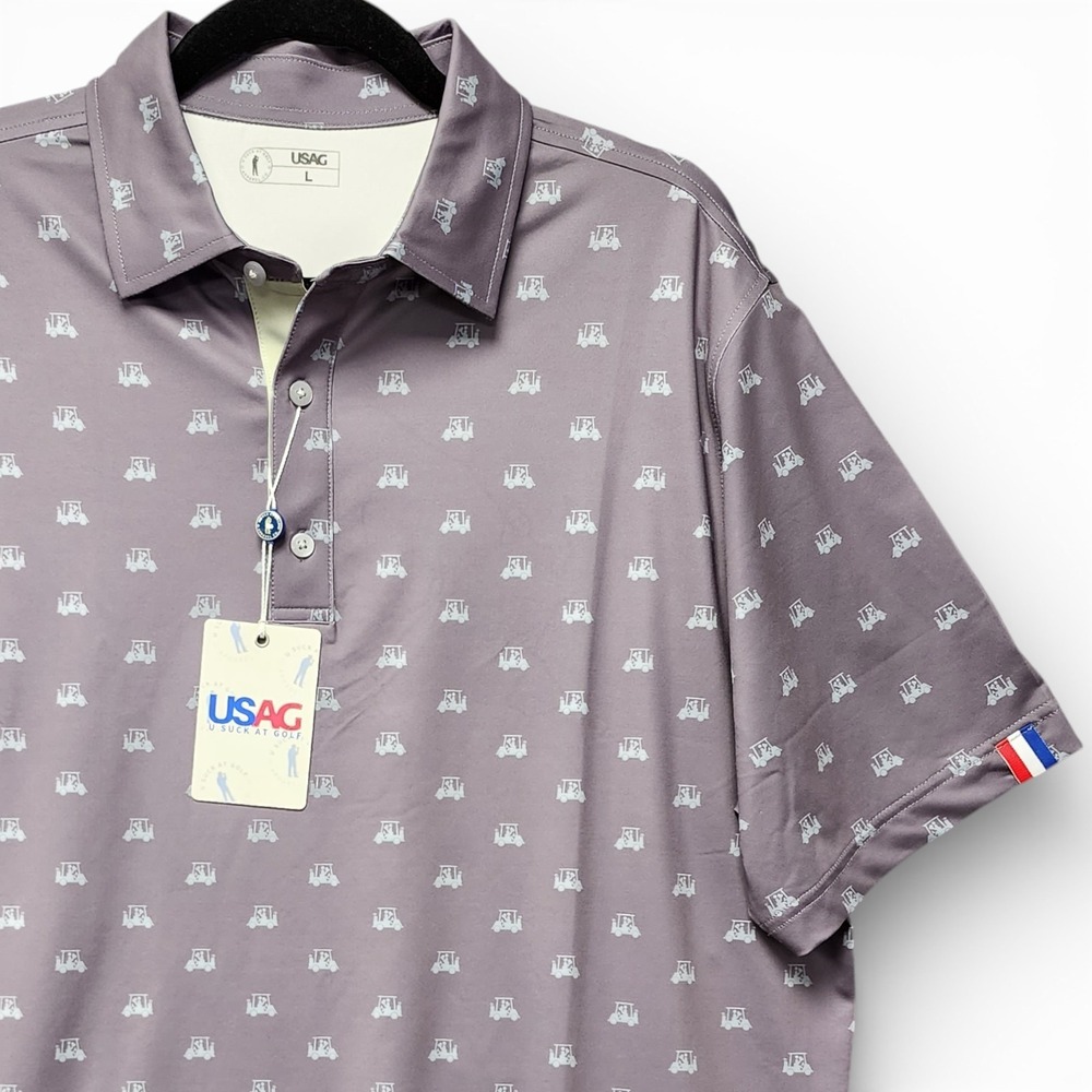U Suck At Golf USAG Polo Shirt Mens L Golf Cart All Over‎ Print Performance NEW